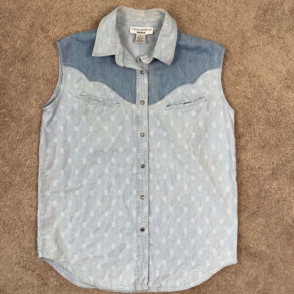Clementine Tank Womens M Blue Denim Western Patchwork Vintage Silver Button Vest